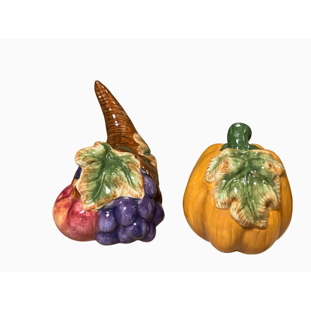 Decorative Ceramic Harvest Cornucopia Thanksgiving Salt and Pepper Shaker Set
